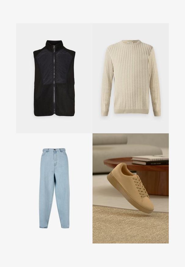 Schwarze Fleece-Weste mit hohem Kragen, Reißverschluss und leichten schwarzen Stoffpaneelen auf der Vorderseite und den Seiten. Zwei Seitentaschen sind enthalten.; Only & Sons ONSBRANT CREW KNIT - T-Shirt print - beige; Helle blaue, hoch taillierte Jeans mit lockerer Passform. Ausgestattet mit einem Frontknopf, Reißverschluss und fünf Taschen. Leicht verblasste Fabric-Textur.; Beiger geschnürter Sneaker, der über einem strukturierten Teppich mit Holzcouchtisch und gestapelten Büchern im verschwommenen Hintergrund schwebt.