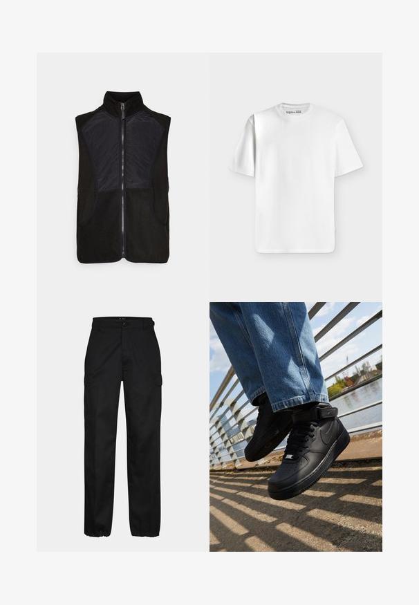 Mustavilla fleecetakki korkealla kauluksella, vetoketjukiinnitys ja kevyet mustat kangaspaneelit edessä ja sivuilla. Kaksi sivutaskua.; Yksinkertainen valkoinen lyhythihainen pyöreäkauluksinen T-paita, asetettuna tasaisesti vaaleanharmaalle taustalle, jossa pieni merkkilappu pääntiessä.; Mustat cargo-housut suoran istuvuuden omaavina, joissa on sivutaskut, nappikiinnitys ja joustavat hihnat nilkoissa. Valmistettu kestävästä kankaasta.; Mustat Nike Air Force 1 -kengät, joissa on nahkapäällinen, verkko kieli ja kumipohja. Kengissä on korkeakuppinen muotoilu ja paksut nauhat.