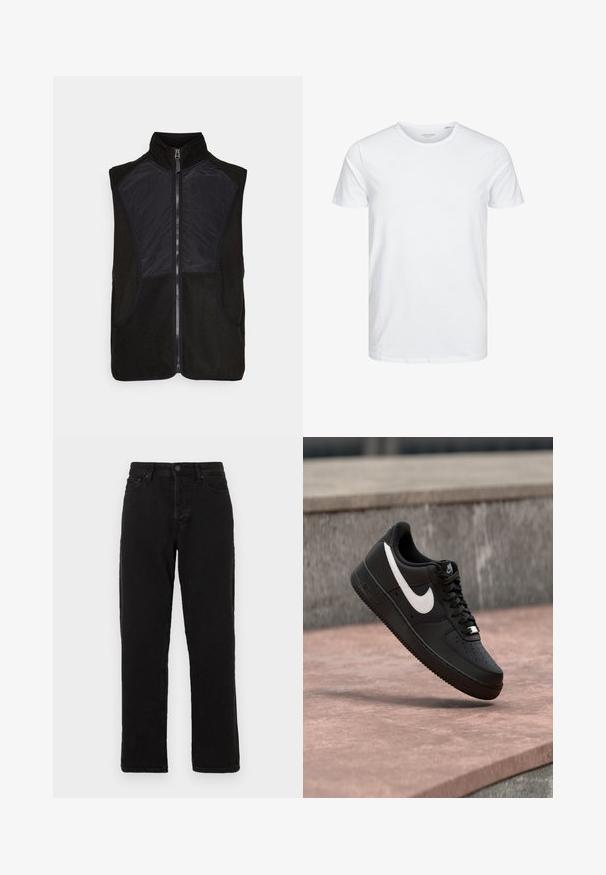 Sort fleece vest med høj krave, lynlås lukning og letvægts sorte stofpaneler på front og sider. To sidelommer inkluderet.; Rundhals kortærmet t-shirt i ensfarvet hvid, lavet af blød bomuld, har et simpelt design uden synlige mønstre eller detaljer.; Sorte denim jeans med lige ben design, der har knaplukning, bæltestropper og klassisk fem-lomme stil.; Sort Nike Air Force 1-sneaker med hvid swoosh-logo, svævende over en stenovertflade med en grå tekstureret væg i baggrunden.