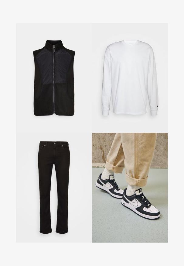 Sort fleece vest med høj krave, lynlås lukning og letvægts sorte stofpaneler på front og sider. To sidelommer inkluderet.; Hvid langærmet T-shirt lavet af bomuld. Rund halsudskæring med ribbede manchetter og et lille logo på venstre ærme. Glat tekstur.; Sorte denim jeans med lige ben, der har et klassisk fem-lomme design, metal knaplukning og diskrete syninger.; Sorte og hvide Nike Air Force 1 sneakers med læderoverdel, perforeret tå og tekstureret såldetalje, båret med rullede beige bukser og hvide sokker.
