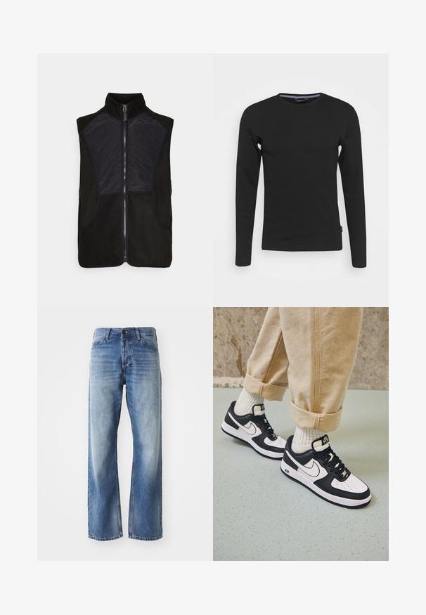 Gilet en polaire noir avec un col haut, une fermeture à glissière et des panneaux en tissu noir léger à l'avant et sur les côtés. Deux poches latérales incluses.; Lindbergh O-NECK - T-shirt à manches longues - black; Jean en denim bleu à jambes droites avec un léger délavage sur les cuisses et les genoux, comprenant cinq poches et une fermeture à bouton.; Baskets Nike Air Force 1 en noir et blanc avec un dessus en cuir, orteil perforé et détail de semelle texturée, portées avec un pantalon beige retroussé et des chaussettes blanches.