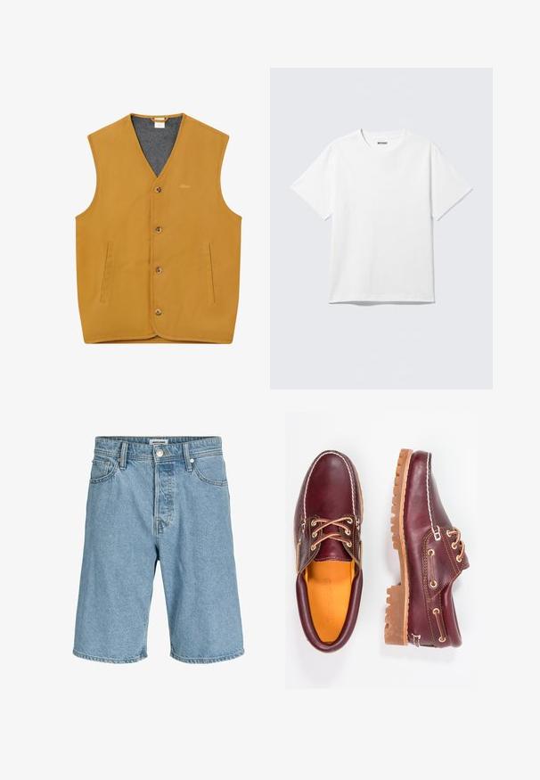 Gilet sans manches jaune moutarde avec boutons sur le devant, deux poches fendues verticales et une doublure intérieure grise, taille XL.; T-shirt blanc à manches courtes et col rond, étalé à plat, design uni, avec l'étiquette "WEEKDAY" à l'intérieur du col sur un fond clair.; Shorts en denim bleu clair avec bouton et fermeture éclair à l'avant, passants pour ceinture, et poches avant et arrière.; Chaussures en cuir bourgogne avec semelles en caoutchouc marron, bout rond, couture blanche et œillets dorés. L'intérieur présente une doublure jaune.