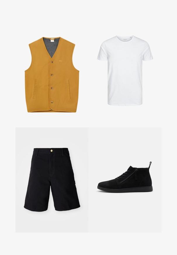 Chaleco sin mangas color mostaza con botones frontales, dos bolsillos verticales con abertura y un forro interior gris, tamaño XL.; Camiseta de manga corta y cuello redondo en blanco sólido, fabricada en algodón suave, presenta un diseño simple sin patrones ni acentos visibles.; Pantalones cortos de mezclilla negra con cierre de botón, con un corte recto, bolsillos laterales y costuras reforzadas para mayor durabilidad.; Las botas de tobillo de ante negro cuentan con una punta redondeada, cordones frontales y una cremallera lateral. La suela es plana con un acabado texturizado para un mejor agarre.