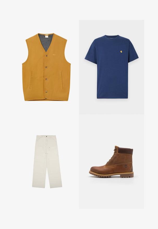 Gilet sans manches jaune moutarde avec boutons sur le devant, deux poches fendues verticales et une doublure intérieure grise, taille XL.; T-shirt en coton bleu marine avec des manches courtes, col rond et un petit logo jaune sur la poitrine gauche. Texture lisse, coupe décontractée.; Pantalons larges beige clair en coton, dotés de poches avant, d'une fermeture à un bouton et de détails de couture visibles.; Botte de randonnée en cuir marron avec une finition lisse, cheville rembourrée, œillets en métal et semelle en caoutchouc dotée d'un motif de crampons robuste.