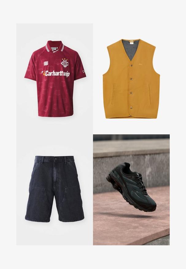 Mouwloos mosterdgeel vest met knopen aan de voorkant, twee verticale splitzakken en een grijze binnenvoering, maat XL.; Bordeauxkleurige voetbalshirt met korte mouwen en een kraag, voorzien van een gestructureerd patroon, geborduurd logo en witte accenten.; Donkerdenim shorts met een rechte snit, grote voorzakken en een knoopsluiting; gladde textuur en minimale stikdetails.; Zwarte atletische sneaker met zichtbare luchtgeveerde tussenzool die boven een roze stenen oppervlak zweeft met een grijze stenen muur op de achtergrond.
