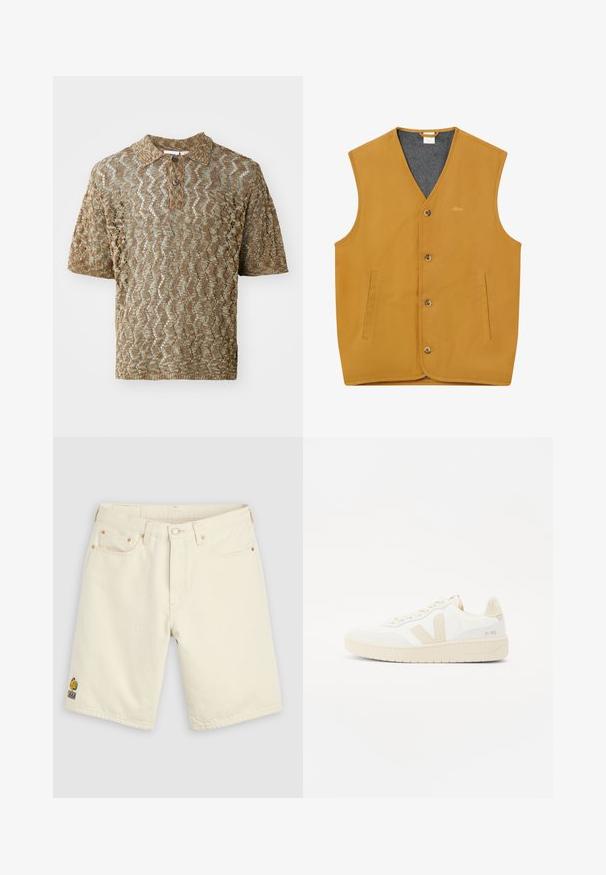 Mouwloos mosterdgeel vest met knopen aan de voorkant, twee verticale splitzakken en een grijze binnenvoering, maat XL.; Korte mouwen polo in een tan, gestructureerde brei met golfpatronen. Heeft een kraag en een bruine knoop bij de hals.; Crèmekleurige denimshorts met knoop aan de voorkant, riemlussen, vijf zakken en een klein meerkleurig geborduurd logo op het linkerbeen.; Witte sneaker met beige accenten, voorzien van een gestructureerde bovenkant, ronde neus en een dikke rubberen zool. Het ontwerp bevat het iconische V-logo en merkbranding.