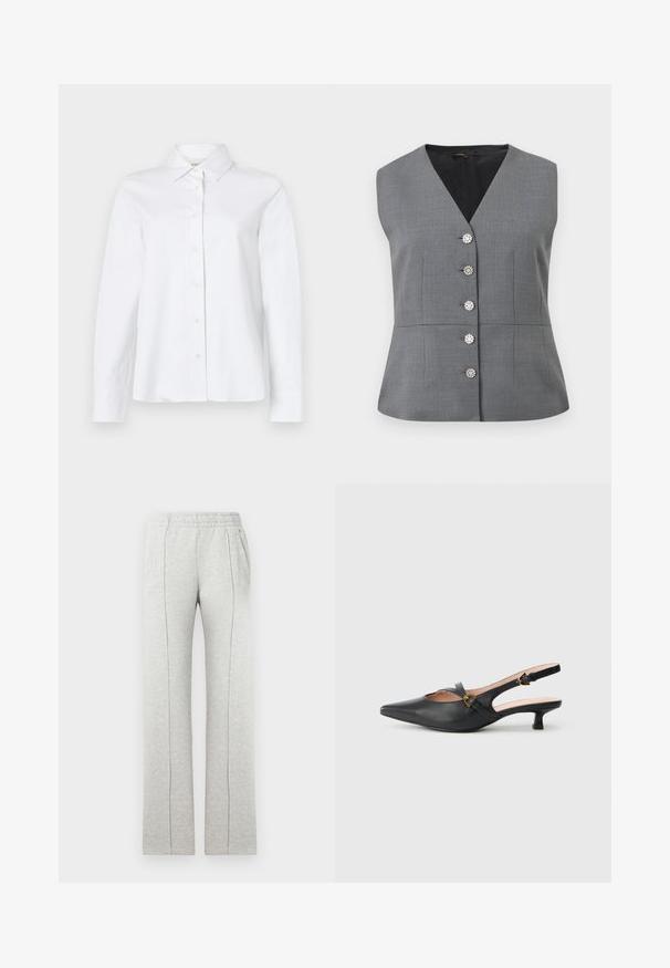 Chaleco gris sin mangas y entallado con escote en V y cinco botones decorativos plateados en la parte delantera, con cintura ajustada y textura de tela suave.; CLOSED CLASSIC SHIRT WITH STRAP DETAIL - Blusa - white; Pantalones deportivos grises hechos de una mezcla suave de algodón, con una cintura elástica, bolsillos laterales y detalles de costuras verticales en la parte frontal de las piernas.; Zapato de salón slingback de cuero negro con puntera puntiaguda, tacón pequeño, diseño recortado y detalle de hebilla dorada en la correa.