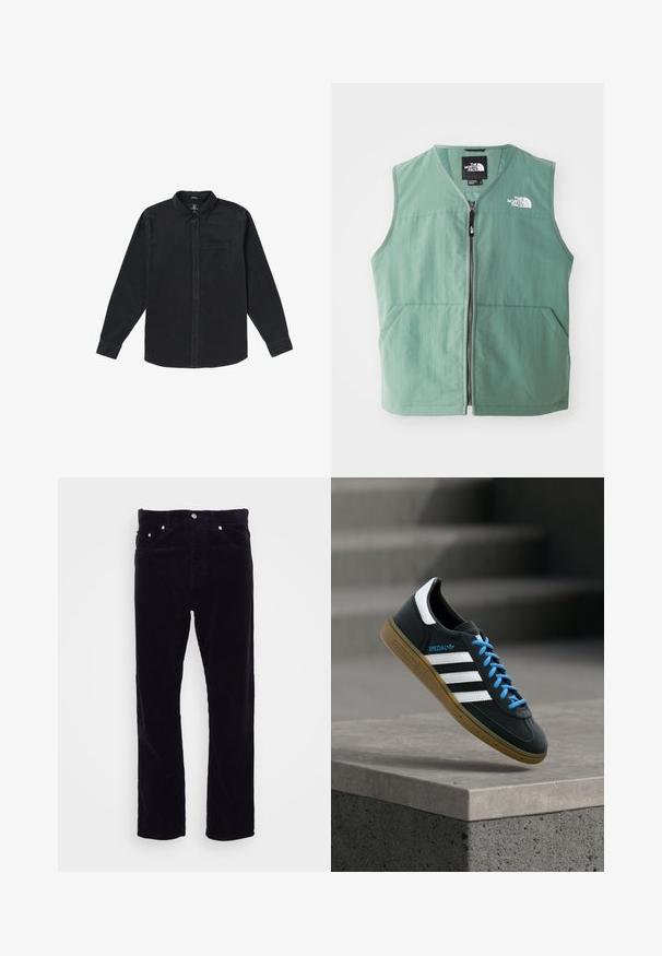 Gilet sans manches vert avec fermeture éclair sur le devant, deux poches avant et un logo sur la poitrine gauche. Fabriqué en tissu léger avec une finition mate.; Chemise noire à manches longues en tissu doux, avec un col boutonné, une poche avant et des boutons sur le devant.; Carhartt WIP NEWEL PANT - Pantalon classique - dark navy; Baskets Adidas noires avec des rayures blanches, des lacets bleus et une semelle en gomme flottant au-dessus d'une marche en béton grise sous une lumière douce.