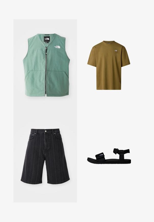 Groene mouwloze vest met een rits aan de voorkant, twee voorzakken en een logo op de linkerkant van de borst. Gemaakt van lichtgewicht stof met een matte afwerking.; Olijfgroen katoenen T-shirt met korte mouwen, ronde hals en een klein wit logo op de linkerborst. Soepele textuur, casual ontwerp.; Zwarte denim shorts met een brede pijp, voorzien van verticale streepjes, voorkruizen en details van metalen hardware.; Zwarte sandalen met verstelbare stoffen banden, een textuur rubberen zool en een logo patch. Ontworpen voor comfort en gebruik buitenshuis.