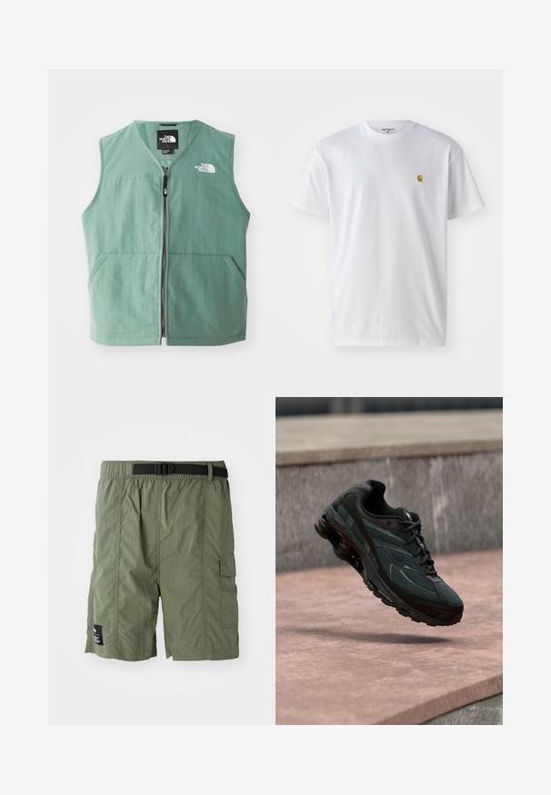 Chaleco sin mangas verde con cierre frontal, dos bolsillos delanteros y un logotipo en el lado izquierdo del pecho. Fabricado con una tela ligera con acabado mate.; Camiseta de algodón blanca con mangas cortas, cuello redondo, que presenta un pequeño logo dorado en la parte izquierda del pecho. Textura suave y corte regular.; Pantalones cortos cargo de color verde oliva con cintura elástica y hebilla negra. Incluyen un bolsillo lateral y un tejido texturizado.; Zapatilla deportiva negra con entresuela visible con amortiguación de aire que flota sobre una superficie de piedra rosa con un fondo de pared de piedra gris.