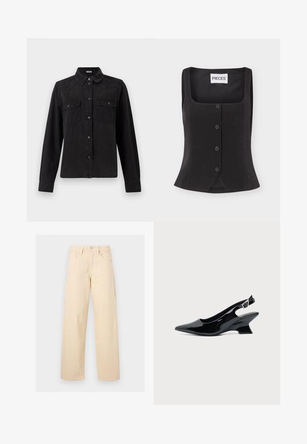 Schwarzes ärmelloses Korsett-Top mit Knöpfen, quadratischem Ausschnitt und Markenetikett "PIECES" im Kragen.; Schwarze Denim-Button-Up-Hemd mit langen Ärmeln, zwei Brusttaschen mit Klappe und einem klassischen Kragen auf weißem Hintergrund.; Beige gerade geschnittene Hose mit vorderem Knopf und Reißverschluss, Gürtelschlaufen und Fünf-Taschen-Design auf einem einfarbigen hellen Hintergrund.; Schwarzer Slingback-Schuh aus Lackleder mit spitzer Spitze und niedrigem, schrägem Blockabsatz auf einfachem hellem Hintergrund.