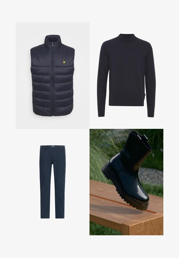 Chaleco acolchado azul marino con un cuello alto, cremallera delantera y costuras horizontales. Presenta un pequeño logo amarillo en la parte izquierda del pecho.; Suéter de cuello alto en un oscuro color navy, hecho de una suave tela de punto. Presenta mangas largas, cuello y puños acanalados, y un dobladillo recto.; Chinos de color azul marino fabricados en una mezcla de algodón, con cierre de botón, piernas rectas y una textura suave sin estampados ni acentos.; Botín negro a medio pantorrilla con un acabado brillante, suela resistente y dos tiradores. Posicionado sobre un banco de madera, con hierba verde al fondo.