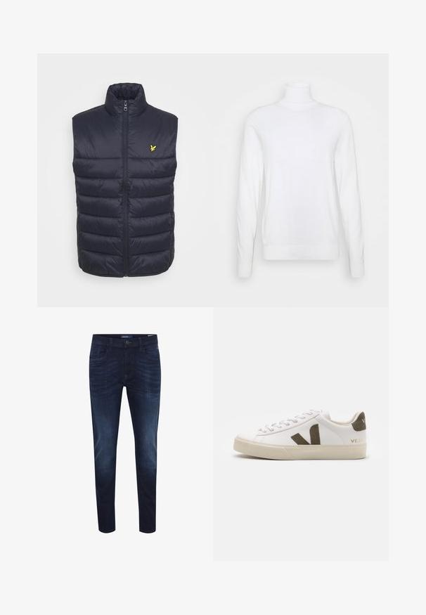 Gilet matelassé navy avec col haut, fermeture éclair à l'avant et coutures horizontales. Présente un petit logo jaune sur la zone de la poitrine gauche.; Pull à col roulé blanc avec des manches longues, fabriqué en tissu lisse. Présente un design ajusté et des poignets et un ourlet côtelés. Pas de motifs ni d'accents.; Jeans en denim bleu foncé avec une coupe slim, design à cinq poches, un léger effet délavé, fermeture à bouton et étiquette logo sur la taille arrière.; Baskets en cuir blanc avec une semelle en caoutchouc beige clair. Présentent un logo en V en daim marron et une languette de talon. Fermeture à lacets avec une surface texturée.