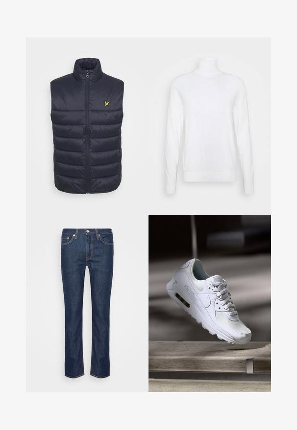 Gilet matelassé navy avec col haut, fermeture éclair à l'avant et coutures horizontales. Présente un petit logo jaune sur la zone de la poitrine gauche.; Pull à col roulé blanc avec des manches longues, fabriqué en tissu lisse. Présente un design ajusté et des poignets et un ourlet côtelés. Pas de motifs ni d'accents.; Jean en denim droit bleu foncé avec des coutures orange, cinq poches, et une fermeture à bouton et à zip à l'avant.; Sneaker Nike Air Max 90 blanche avec une tige en mesh et cuir, une boîte à orteils perforée et une unité air visible au talon.