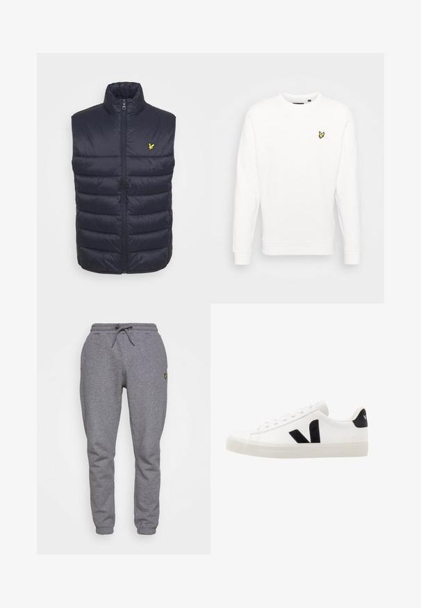 Marineblauwe gewatteerde vest met hoge kraag, eenrits aan de voorkant en horizontale stiksels. Bevat een klein geel logo op de linkerborst.; Witte sweatshirt met lange mouwen, ronde hals, geribde manchetten en zoom, met een klein geel geborduurd logo op de borst.; Grijze katoenen sweatpants met een elastische tailleband, koord, zijzakken en een klein geel logo op de dij. Tapered leg ontwerp.; Witte leren sneaker met zwarte suède accenten; voorzien van een rubberen zool, ronde neus en een klassieke vetersluiting. Zijkant met logo in het zwart.