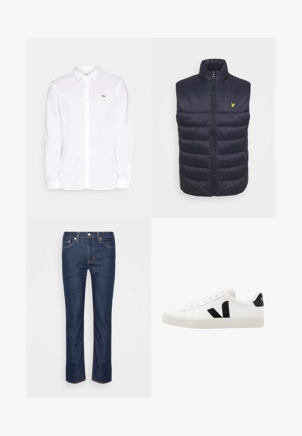 Marineblauwe gewatteerde vest met hoge kraag, eenrits aan de voorkant en horizontale stiksels. Bevat een klein geel logo op de linkerborst.; Witte lange mouwen shirt van katoen, met een button-down kraag, een groen geborduurd logo op de linkerkant van de borst en rechte mouwen.; Donkerblauwe rechte spijkerbroek met oranje stiksels, vijf zakken en een ritssluiting met knoop aan de voorkant.; Witte leren sneaker met zwarte suède accenten; voorzien van een rubberen zool, ronde neus en een klassieke vetersluiting. Zijkant met logo in het zwart.