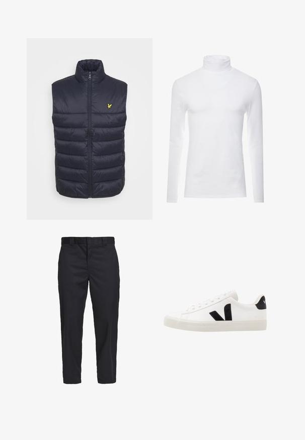 Navy padded vest with a high collar, front zipper, and horizontal stitching. Features a small yellow logo on the left chest area.; White long-sleeve turtleneck shirt made of soft, stretchy fabric. Features a high collar and fitted design, providing a streamlined silhouette.; Black chinos made of lightweight cotton fabric, featuring a straight-leg cut, side pockets, and a button closure at the waistband.; White leather sneaker with black suede accents; features a rubber sole, round toe, and classic lace-up design. Side logo in black.