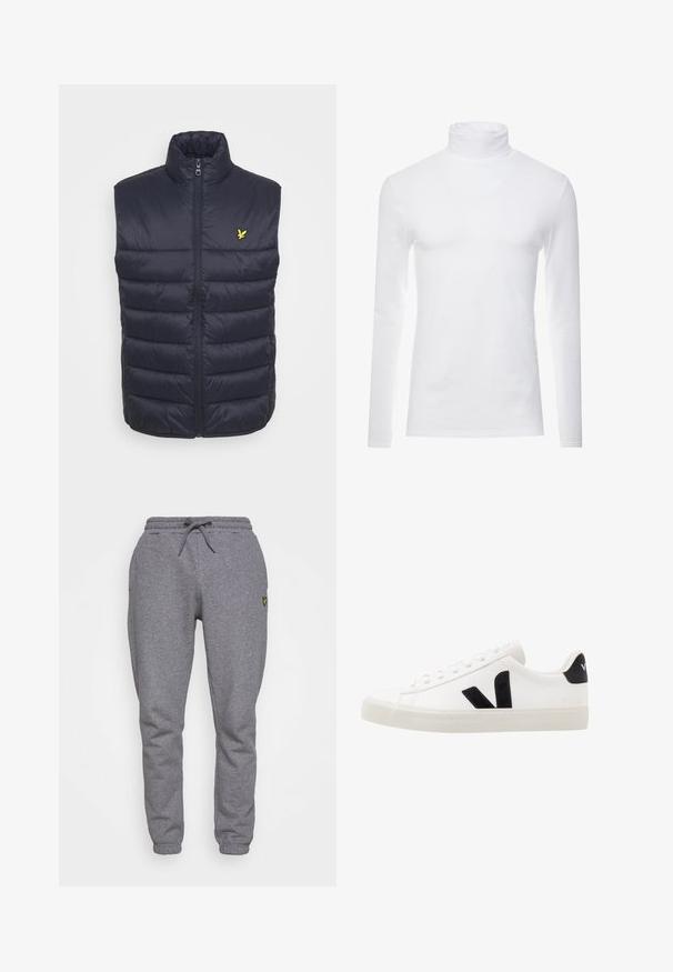 Marineblauwe gewatteerde vest met hoge kraag, eenrits aan de voorkant en horizontale stiksels. Bevat een klein geel logo op de linkerborst.; Witte lange mouw turtleneck-shirt gemaakt van zachte, rekbare stof. Heeft een hoge kraag en een aangesloten ontwerp, wat zorgt voor een gestroomlijnde uitstraling.; Grijze katoenen sweatpants met een elastische tailleband, koord, zijzakken en een klein geel logo op de dij. Tapered leg ontwerp.; Witte leren sneaker met zwarte suède accenten; voorzien van een rubberen zool, ronde neus en een klassieke vetersluiting. Zijkant met logo in het zwart.