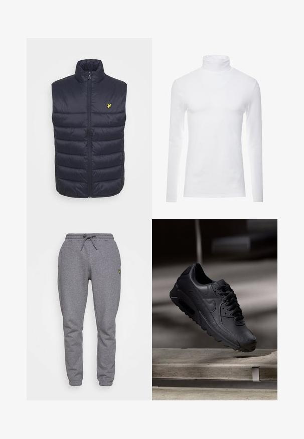 Chaleco acolchado azul marino con un cuello alto, cremallera delantera y costuras horizontales. Presenta un pequeño logo amarillo en la parte izquierda del pecho.; Camisa de cuello alto de manga larga blanca, hecha de un tejido suave y elástico. Presenta un diseño ajustado que proporciona una silueta estilizada.; Pantalones de chándal grises de algodón con cintura elástica, cordones, bolsillos laterales y un pequeño logo amarillo en el muslo. Diseño de pierna estrecha.; Zapatillas Nike Air Max negras con parte superior de cuero texturizado, suela de goma y un sistema de cordones prominente, que muestran un diseño elegante y moderno.