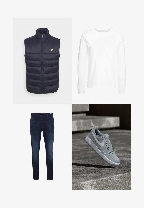 Chaleco acolchado azul marino con un cuello alto, cremallera delantera y costuras horizontales. Presenta un pequeño logo amarillo en la parte izquierda del pecho.; Camiseta blanca de manga larga hecha de algodón suave. Cuello redondo con dobladillos rectos y sin patrones ni gráficos visibles.; Jeans de mezclilla azul oscuro con un corte slim, diseño de cinco bolsillos, sutil desgaste en la tela, cierre de botón y etiqueta con el logo en la parte trasera de la cinturilla.; Zapatilla Nike Air Force 1 gris con el logo Swoosh blanco, flotando sobre una superficie de concreto texturizado y con unas escaleras de fondo.