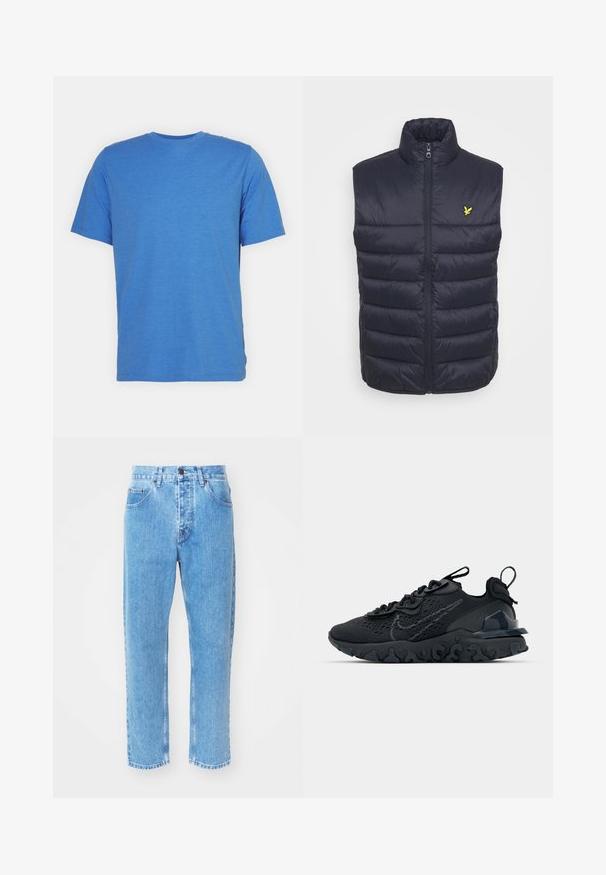 Chaleco acolchado azul marino con un cuello alto, cremallera delantera y costuras horizontales. Presenta un pequeño logo amarillo en la parte izquierda del pecho.; Camiseta de manga corta y cuello redondo en azul sólido. Fabricada con una tela suave y transpirable, de textura lisa y sin patrones ni adornos.; Los vaqueros de mezclilla azul claro presentan un diseño de pierna recta, cinco bolsillos y un clásico cierre de botón en la cintura.; Zapato deportivo negro con una parte superior de malla transpirable, acentos texturizados y una suela de goma ondulada. Presenta un logotipo reflectante y un sistema de cordones.