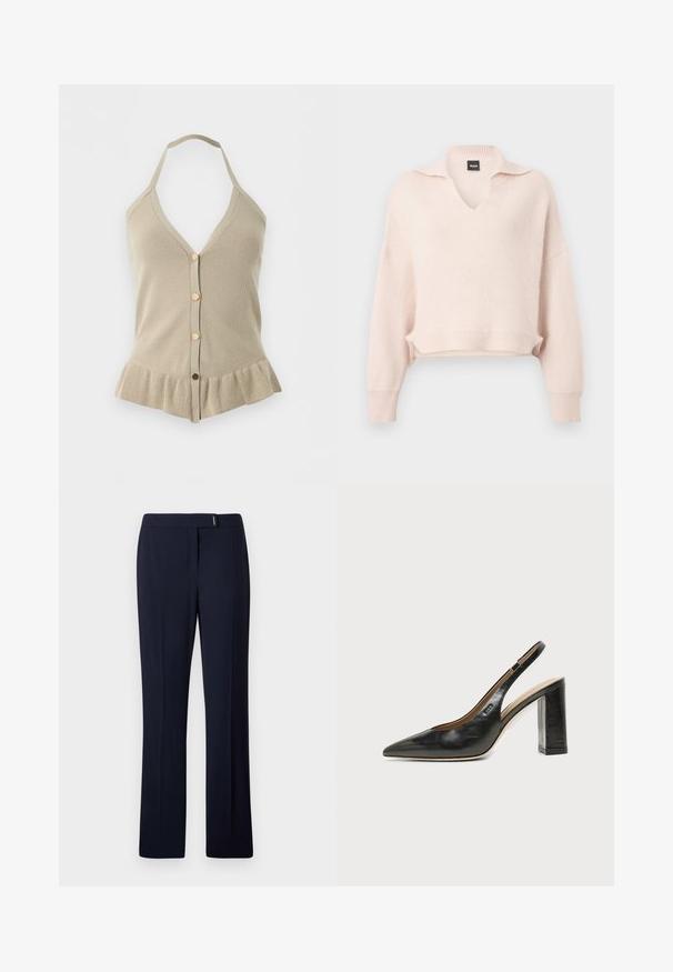Beige strikket haltertop med knapper foran og flæsekant, med dyb V-udskæring og ærmeløs design.; Lyserød strikket sweater med V-hals og krave, sænket skulder, og ribkant i bund og ærmer. Fremstillet af et blødt, tekstureret materiale.; Marineblå skræddersyede bukser lavet af et glat stof, med flad front, lige ben og en subtil sølvdetalje i taljen.; Sort læder peep-toe slingback sko med høj blokhæl og beige indvendig foring mod en ensfarvet lys baggrund.