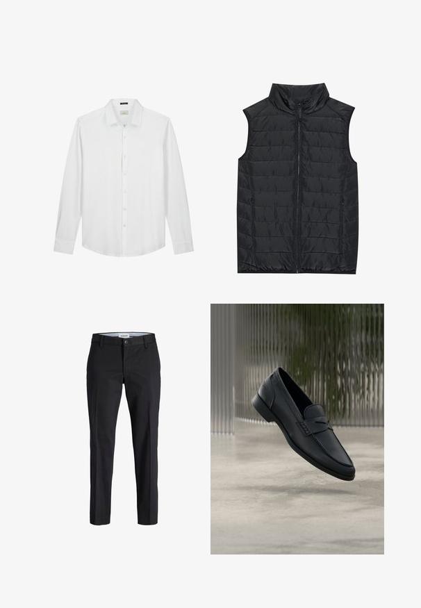 Sort ærmeløs quilted vest med lodret quiltning, høj krave, lynlås foran og sidelommer. Glat tekstur og letvægtsdesign.; Hvid langærmet skjorte, knapned krave, blød tekstur, glat stof, diskret logo på brystet og klassisk pasform med buet kant.; Sorte slim-fit herrebukser med bæltestropper, frontknap og lynlås, mærket "Jack & Jones Pants Studio."; Sort læderloafer med glat finish, spids tå og sømdetaljer over vristen. Lav hæl og minimalistisk design.