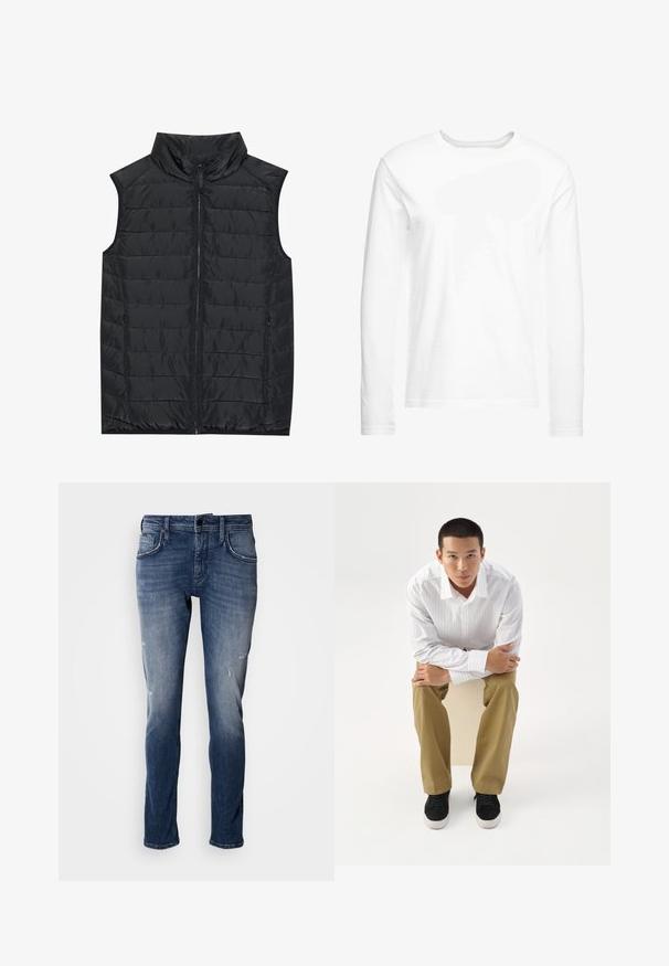 Schwarze ärmellose Steppweste mit vertikaler Steppung, hohem Kragen, rechtem Reißverschluss und seitlichen Taschen. Glatte Textur und leichtes Design.; Langärmliges, weißes T-Shirt aus weicher Baumwolle. Rundhalsausschnitt mit geraden Saumabschlüssen und ohne sichtbare Muster oder Grafiken.; Antony Morato KURT COMFORT - Jeans Tapered Fit - blue denim; Junger Mann in weiß gestreiftem Hemd und khakifarbener Hose sitzt nach vorne gelehnt auf einem Hocker mit verschränkten Armen und schaut direkt geradeaus vor weißem Hintergrund.