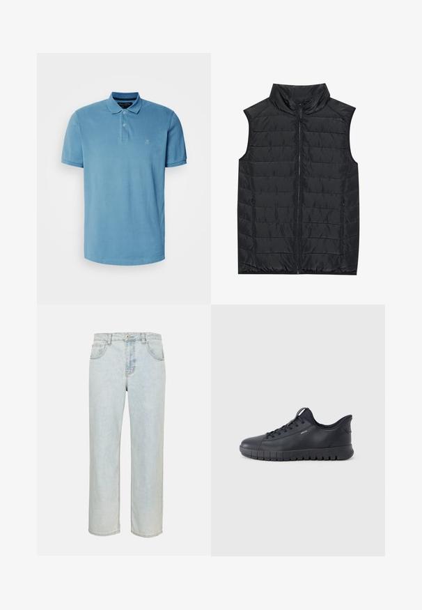 Schwarze ärmellose Steppweste mit vertikaler Steppung, hohem Kragen, rechtem Reißverschluss und seitlichen Taschen. Glatte Textur und leichtes Design.; Helles blaues Poloshirt aus Baumwolle, mit klassischem Kragen, Drei-Knopf-Leiste und kleinem gesticktem Logo auf der Brust.; Hellblaue Jeans mit geradem Bein, Fronttaschen, Gürtelschlaufen und Knopfverschluss auf einfarbigem Hintergrund.; Schwarzer Low-Top-Sneaker mit strukturierter Sohle, Schnürverschluss und kleinem "Geox"-Logo an der Seite, dargestellt vor einem einfarbigen Hintergrund.