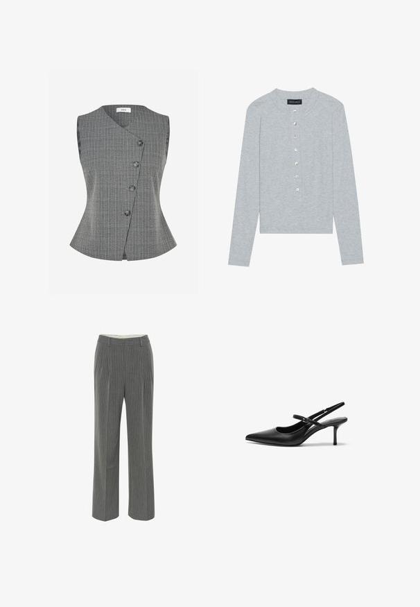 Veste sans manches grise avec une texture tissée subtile, présentant un design à nouer, une bordure en satin synthétique et six boutons foncés à l'avant.; Cardigan gris à manches longues en tissu côtelé, présentant un col rond et six boutons frontaux avec une légère brillance.; Pantalons gris à rayures fines avec une coupe ajustée, un devant plat et un design à jambe large. Fabriqués en tissu lisse et léger.; Talons aiguilles noires en cuir avec un bout pointu, une fine bride réglable, et un talon aiguille d'environ 5 cm, texture lisse.