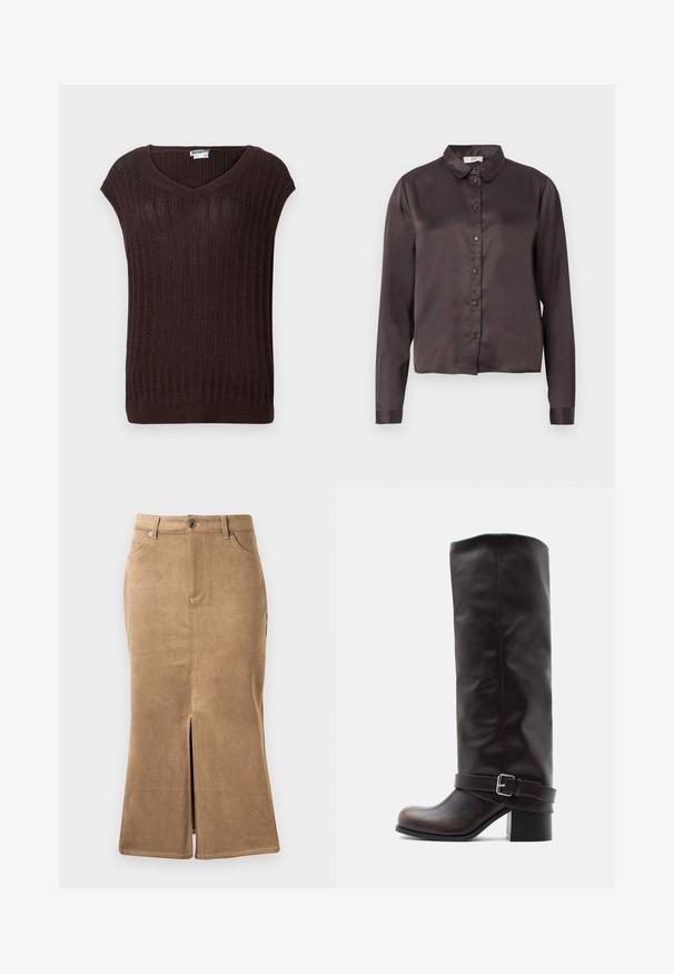Καφέ ριμπ πλέ knit πουλόβερ με V-neck και κοντά μανίκια. Διαθέτει υφασμάτινη υφή και ίσια γραμμή στη μέση. Ορατή ετικέτα μάρκας.; Σκούρο καφέ σατέν μπλούζα με μακριά μανίκια, κουμπότρυπα μπροστά, ανοιχτό γιακά και λεία υφή. Χωρίς ορατά σχέδια ή λεπτομέρειες.; Καφέ σουέτ μίντι φούστα με μπροστινό σκίσιμο, αντίθετες ραφές και χαρακτηριστικά πέντε τσεπών. Λείο υλικό και εφαρμοστή σιλουέτα.; Σκούρο καφέ δερμάτινη μπότα μέχρι το γόνατο με στρογγυλεμένη μύτη, χαμηλό χοντρό τακούνι και διακοσμητικό λουράκι με ασημένια αγκράφα κοντά στον αστράγαλο.