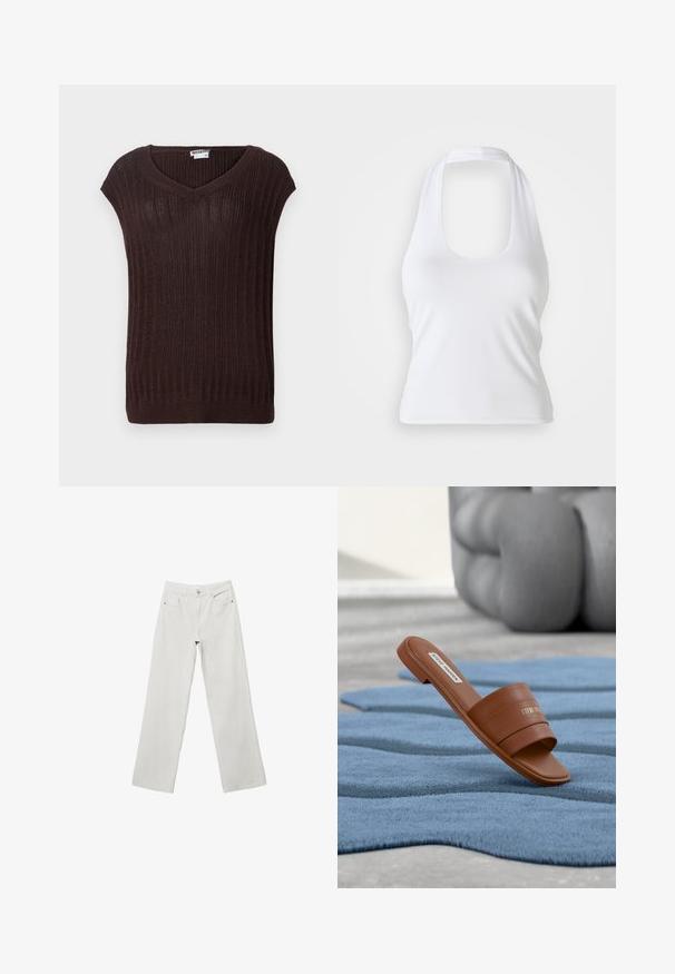 Pull en maille côtelée marron avec un col en V et des manches courtes. Présente un tissu texturé et une coupe droite à la taille. Étiquette de marque visible.; Haut halter blanc avec un décolleté en forme de cœur, fabriqué en tissu lisse et extensible. Présente un design minimaliste sans embellissements ni motifs.; Jeans en denim blanc à jambes larges avec taille haute, design à cinq poches et coutures ton sur ton. Braguette à bouton et zipper. Texture lisse.; Sandale slide en cuir marron Steve Madden reposant sur un tapis bleu texturé avec un coussin gris flou en arrière-plan.