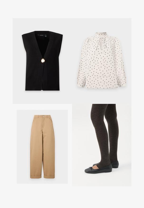 Cardigan noir sans manches avec un profond décolleté en V et une fermeture frontale par un seul grand bouton doré.; Blouse crème à pois noirs, manches longues bouffantes, col à volants froncés et détail de nœud à l'avant.; Pantalon beige taille haute à jambes larges avec poches avant, passants de ceinture, fermeture par boutons et ourlets retroussés.; Jambes portant des leggings côtelés foncés associés à des ballerines noires avec de petits détails en nœud sur fond blanc.