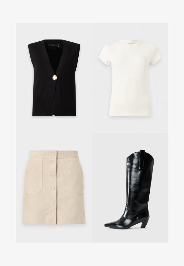 Cardigan noir sans manches avec un profond décolleté en V et une fermeture frontale par un seul grand bouton doré.; T-shirt blanc uni en coton à manches courtes et col rond, présenté sur un fond gris clair.; Mini-jupe en daim beige avec boutons-pression à l'avant et deux grandes poches frontales, coupe droite et détails cousus.; Bottes en cuir noir montantes jusqu'au genou, avec une pointe effilée, un talon bas, et des détails de couture décoratifs sur les côtés. Fini lisse et brillant.