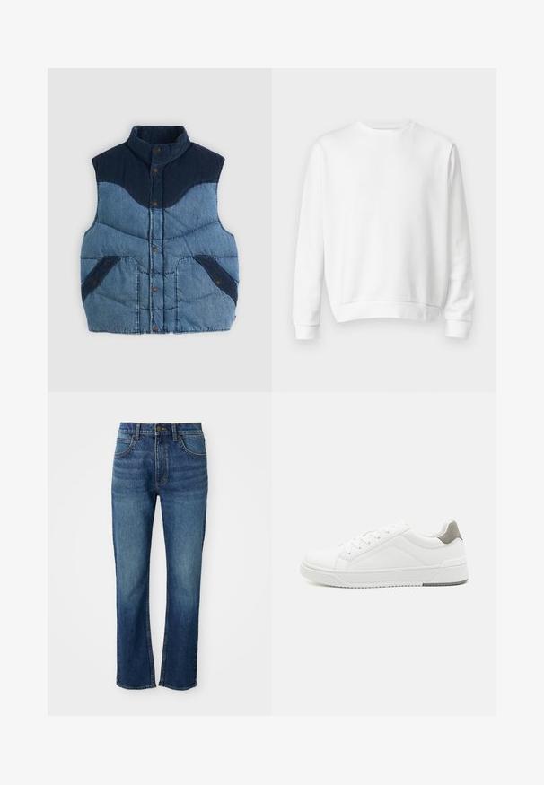 Blå denimvest med høj krave, polstret tekstur og marineblå kordfløjl-accenter. Har to forlommer og knaplukninger.; Hvid crewneck sweatshirt lavet af blødt bomuldsstof. Lange ærmer, ribbede manchetter og kant, glat tekstur og minimalistisk design.; Blå denim jeans med lige ben-design, der har fem lommer, en knaplukning og kontrasterende gule syninger. Glat tekstur.; Hvid sneaker lavet af glat læder, rund tå, minimalistisk design, grå hælafsats og tekstureret gummisål.