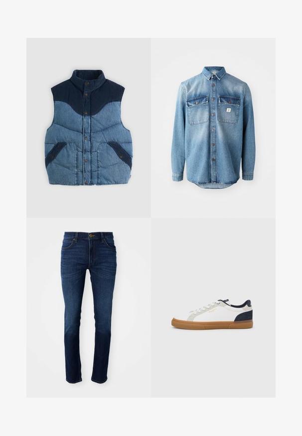 Blå denimvest med høj krave, polstret tekstur og marineblå kordfløjl-accenter. Har to forlommer og knaplukninger.; Lyseblå denimskjorte med lange ærmer, to brystlommer, knaplukning foran og kontrasterende mørkere lommer. Har en rund spænding.; Mørkeblå denimjeans med en klassisk straight-leg pasform, der har en knaplukning og fem lommer. Stoffet har en glat tekstur.; Hvide lærreds-sneakers med marineblå og grå ruskindsdetaljer. Har en sål af gummigummi, rundet snude og klassisk snøredesign.