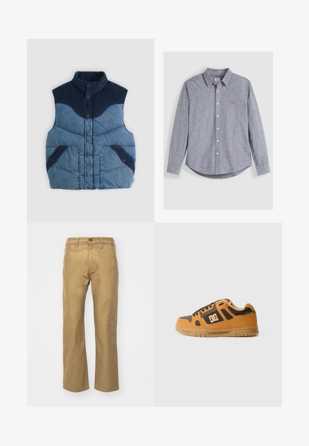 Blaues Denim-Weste mit hohem Kragen, gepolstertem Textur und marineblauen Cord-Akzenten. Verfügt über zwei Vordertaschen und Knopfverschlüsse.; Graues Langarm-Hemd mit Knopfleiste und Kragen, ausgestattet mit einem kleinen roten Logo auf der Brust, aus strukturiertem Stoff mit weißen Knöpfen.; Khakihosen aus Baumwolle. Gerader Schnitt mit einem Bund und Fronttaschen. Verfügt über eine einzelne Gesäßtasche und subtile Nähdetails.; Orange- und braune Skate-Schuhe mit Gummisohle, Mesh-Einsätzen und perforierten Akzenten. Mit schwarzen Schnürsenkeln und einem auffälligen Logo an der Seite.