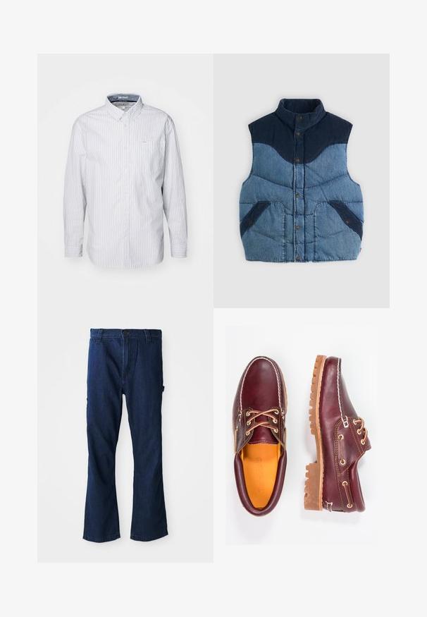 Gilet en denim bleu avec un col montant, une texture matelassée et des accents en velours côtelé bleu marine. Dispose de deux poches avant et de fermetures à boutons.; Chemise à manches longues à boutons de couleur bleu clair avec des rayures blanches. Elle dispose d'un col, d'une poche poitrine et est en coton lisse.; Jean en denim bleu avec une coupe droite, fermeture à bouton et deux poches latérales, légèrement décolorés.; Chaussures en cuir bourgogne avec semelles en caoutchouc marron, bout rond, couture blanche et œillets dorés. L'intérieur présente une doublure jaune.