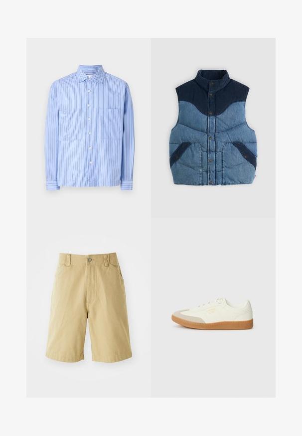 Blaues Denim-Weste mit hohem Kragen, gepolstertem Textur und marineblauen Cord-Akzenten. Verfügt über zwei Vordertaschen und Knopfverschlüsse.; Hellblau gestreiftes Hemd mit langen Ärmeln, zwei Fronttaschen, Knopfverschluss und kontrastierenden feinen Streifen. Hergestellt aus einem Baumwollmischmaterial.; Khakifarbenen Shorts aus Baumwolle, mit Reißverschluss, Knopfverschluss, zwei Seitentaschen und lockerer Passform. Glatte Textur, knielanges Design.; Sneaker aus weißem Leder mit einer beigen Zehenkappe und leichter brauner Gummisohle. Verfügt über flache weiße Schnürsenkel und geprägtes Branding an der Seite.