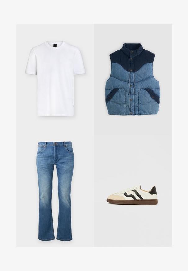 Blaues Denim-Weste mit hohem Kragen, gepolstertem Textur und marineblauen Cord-Akzenten. Verfügt über zwei Vordertaschen und Knopfverschlüsse.; Schlichtes weißes T-Shirt mit kurzen Ärmeln und Rundhalsausschnitt, mit einem kleinen schwarzen Markenetikett am Kragen und dezenter Stoffstruktur.; Blaue Jeans aus Denim mit leicht ausgestelltem Bein, vorderem Knopf- und Reißverschluss sowie Verblassungen an Oberschenkeln und Knien.; Weißer Ledersneaker mit schwarzen Streifen und hellbraunem Wildleder-Zehenkappe. Gummisohle in Dunkelbraun. Schnürsenkel und gepolsterter Kragen vervollständigen das Design.