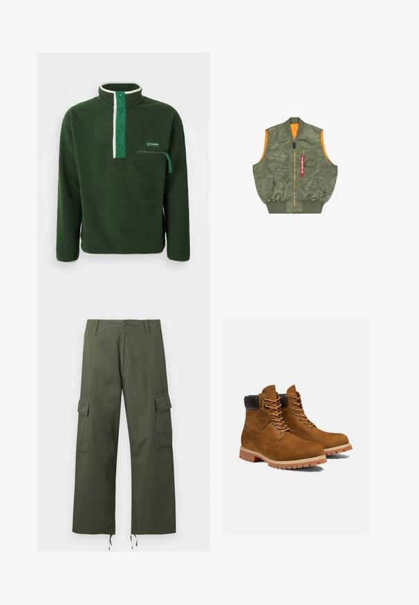 Chaleco bomber sin mangas de color verde oliva con cremallera frontal, dos bolsillos con botón a presión, un bolsillo con cremallera en el pecho y etiqueta roja "Retirar Antes de Volar".; Polaire verde con cuello alto, que presenta una cremallera blanca en contraste, botones a presión y un bolsillo en el pecho con cremallera. Tejido texturizado.; Pantalones cargo verde oliva con bolsillos laterales con solapa, cierre de botones, trabillas para cinturón y cordones ajustables en los bajos de pierna anchos.; Botines de ante marrón con un cuello acolchado negro, ojales dorados y suela de goma gruesa con un patrón de tacos para mayor tracción.