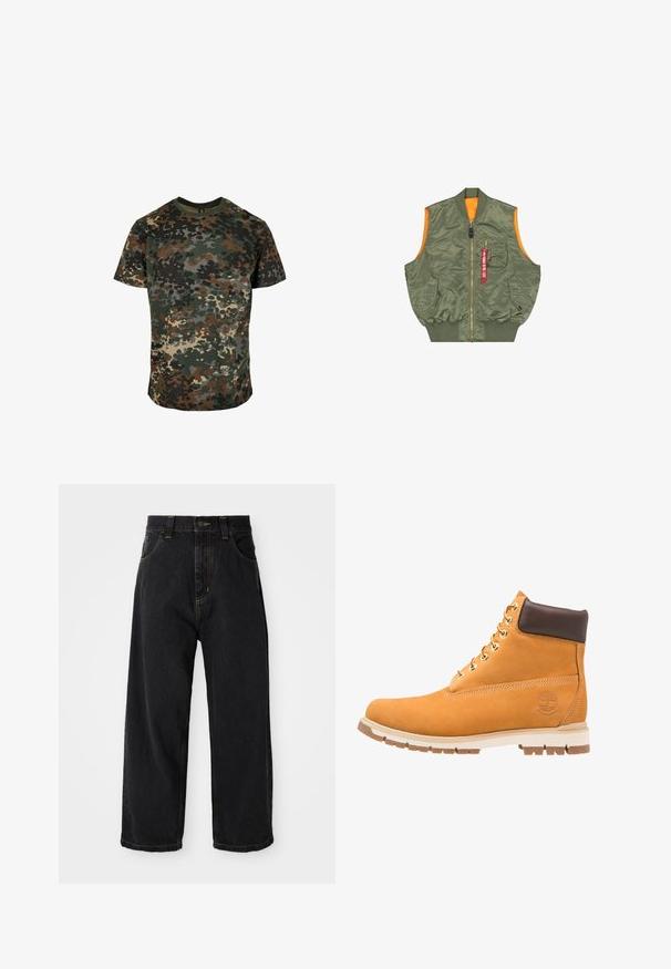Mouwloze olijfgroene bomberjack-vest met voorrits, twee drukknoopzakken, borstzak met rits en rode "Remove Before Flight" tag.; Camo t-shirt van katoen, met een meerkleurig patroon in groen, bruin en zwart. Ronde hals en korte mouwen.; Zwarte wijde denim jeans met hoge taille, voorste knoop, rits en gele stiksels op de zakken en naden.; Timberland RADFORD 6 IN BOOT WP - Veterboots - wheat
