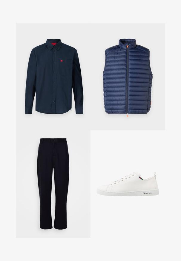 Gilet matelassé bleu marine avec un col montant, motif matelassé horizontal, fermeture éclair à l'avant avec un tirette orange, et sans manches. Texture lisse.; Chemise bleu marine à manches longues avec boutons, col boutonné et poche poitrine ornée d'une petite étiquette logo rouge.; Pantalon noir avec un design à jambe droite, présentant une taille ajustée, un unique bouton à l'avant et deux poches avant. Texture lisse.; Sneaker en cuir blanc avec une texture lisse, bout rond et détail de bande de couleur contrastante près des lacets. Dispose d'une semelle en caoutchouc et d'un logo sur le côté.