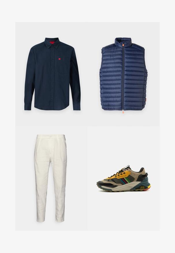 Marineblauer Puffer-Weste mit hohem Kragen, horizontalem Steppmuster, Frontreißverschluss mit orangefarbenem Zipper und ohne Ärmel. Glatte Textur.; Marineblaue, langärmlige Hemdjacke mit Knopfleiste, Knopfkragen und Brusttasche mit kleinem rotem Logoschild.; Helle beigefarbene, maßgeschneiderte Hose aus weichem Stoff, mit Knopfverschluss, Falten vorne und schmal zulaufenden Beinen. Glatte Textur.; Mehrfarbige Turnschuhe aus einer Kombination von Wildleder und Mesh-Materialien, mit einem gelb-schwarzen Farbschema, strukturierten Sohlen und seitlichen Akzenten.