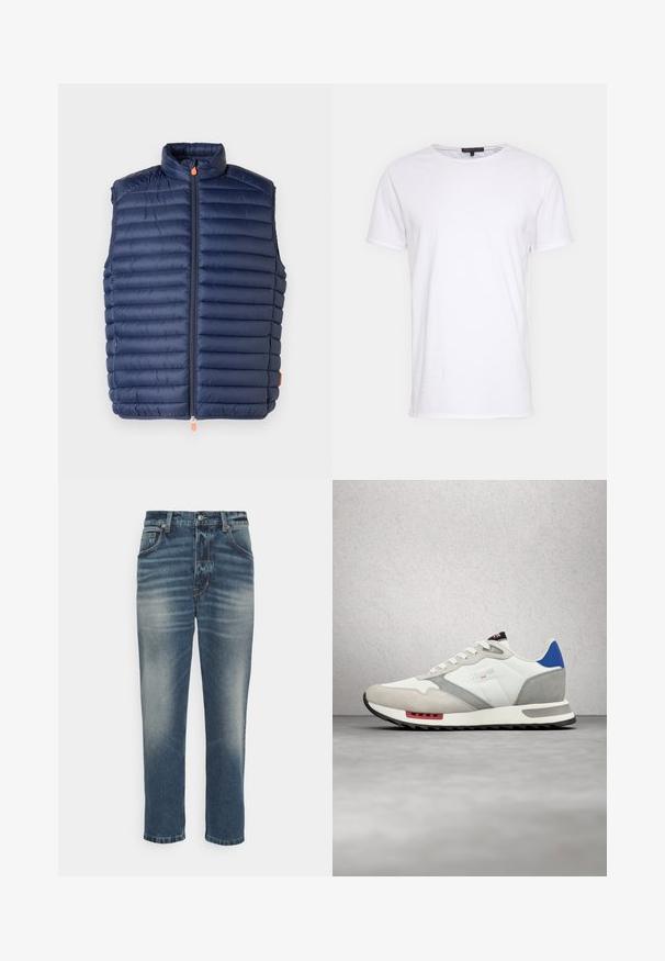 Gilet matelassé bleu marine avec un col montant, motif matelassé horizontal, fermeture éclair à l'avant avec un tirette orange, et sans manches. Texture lisse.; T-shirt en coton blanc avec un col rond, des manches courtes et une coupe droite. Présente une texture simple et lisse, sans motifs supplémentaires.; Jean en denim bleu avec une finition délavée, coupe droite, style à cinq poches et accents en métal couleur cuivre.; Baskets blanches et grises avec une tige en daim et cuir, un accent bleu au talon, des accents rouges et une semelle noire texturée.