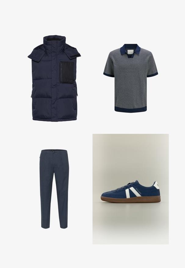 Marinekleurige gewatteerde vest met een hoge kraag, een zwarte ritsborstzak en zijzakken, gemaakt van lichtgewicht, glad materiaal.; Korte mouw marineblauw en grijs gebreid poloshirt met een gestructureerd patroon, contrasterende kraag en geribbelde manchetten aan mouwen en zoom.; Donkerblauwe tapse herenbroeken met knoopsluiting, riemlussen en zijzakken, gepresenteerd op een witte achtergrond.; Marineblauwe sneaker met witte zijstrepen, bruine gestructureerde zool en het "JACK & JONES" logo op de zijkant en hielstuk.
