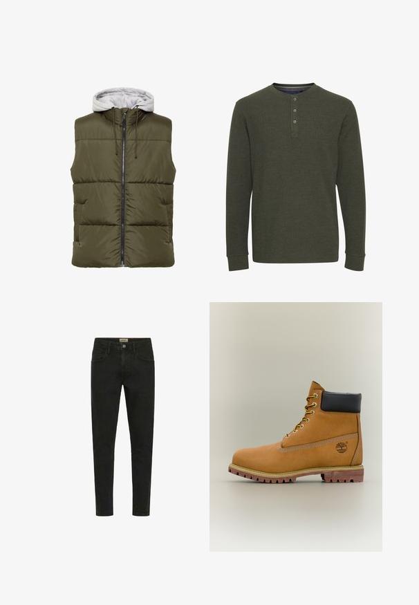 Olivgrüwestes Padded Vest mit grauer Kapuze, Reißverschluss, zwei vorderen Taschen und Kordelzugdetail an der Kapuze. Sanfte Textur und gesteppte Gestaltung.; Olivgrünes Langarm-Henley-Shirt aus strukturiertem Stoff. Es verfügt über drei Knöpfe am Kragen und gerippte Bündchen.; Schwarze Slim-Fit-Jeans aus Denim mit Knopfverschluss, fünf Taschen und einem klaren, minimalistischen Design.; Brauner Leder-Stiefelette mit schwarzem Kragen, gelben Schnürsenkeln und hellbrauner Sohle. Verfügt über ein Logo und weiße Ziernähe. Robuste Profilsohle.