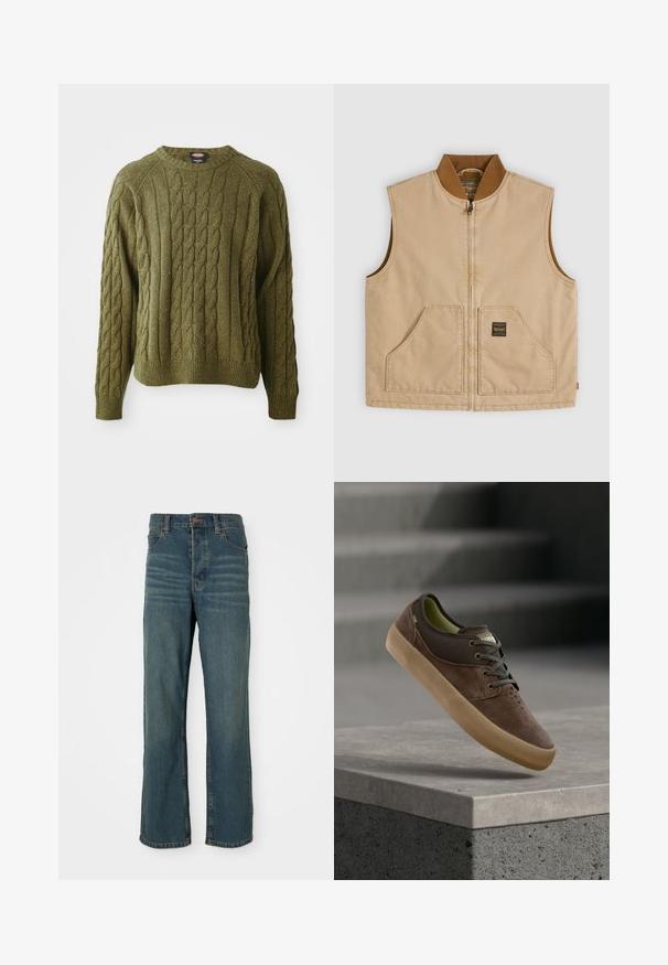 Beige ärmellose Weste mit Reißverschluss, braunem geripptem Kragen und zwei Fronttaschen, eine davon mit einem kleinen schwarzen quadratischen Etikett.; Grüner Kabelstrickpullover mit Rundhals, strukturiertem Muster, Rippbündchen und Saum, der Farbkleckse im gesamten Stoff aufweist.; Blaue Jeans aus Denim mit geradem Bein, fünf Taschen, Knopfverschluss und leichter Ausbleichung an der Vorderseite.; Brauner Wildleder- und Canvas-Casual-Sneaker mit beige-gummisohle, Schnürsenkeln und perforierter Zehenpartie, über einer Betonplatte positioniert.