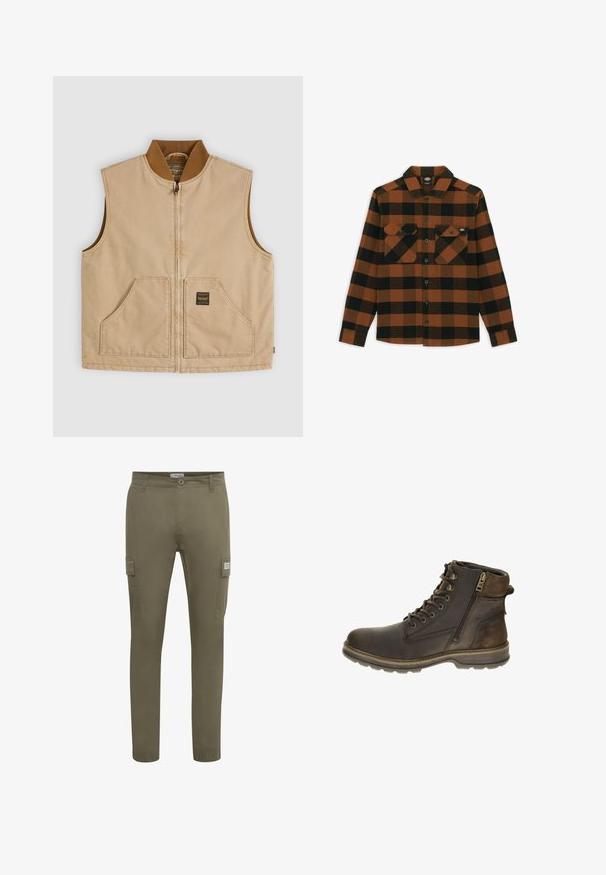 Chaleco beige sin mangas con cremallera, cuello de canalé marrón y dos bolsillos delanteros, uno de ellos con una pequeña etiqueta cuadrada negra.; Camisa de manga larga en un patrón de cuadros naranja y negro, hecha de una tela texturizada. Presenta dos bolsillos en el pecho y cierre frontal con botones.; Pantalones cargo verde oliva fabricados con un tejido ligero, con un corte recto, bolsillos laterales y puños elásticos en los tobillos.; Bota de tobillo de cuero marrón con cierre de cordones y cremallera, punta redondeada, acentos texturizados y suela de goma para tracción.