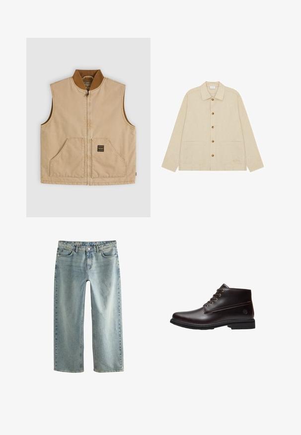 Veste beige sans manches avec fermeture éclair, col côtelé marron et deux poches avant, dont une avec une petite étiquette noire carrée.; Veste beige à manches longues, boutonnée, avec col et deux poches plaquées sur le devant, boutons marron et texture subtile.; Un jean baggy en denim bleu clair présente une coupe droite, un design à cinq poches et une fermeture à bouton visible.; Bottine en cuir marron foncé à lacets avec semelle noire et logo discret de la marque sur le côté, présentée de profil sur fond blanc.